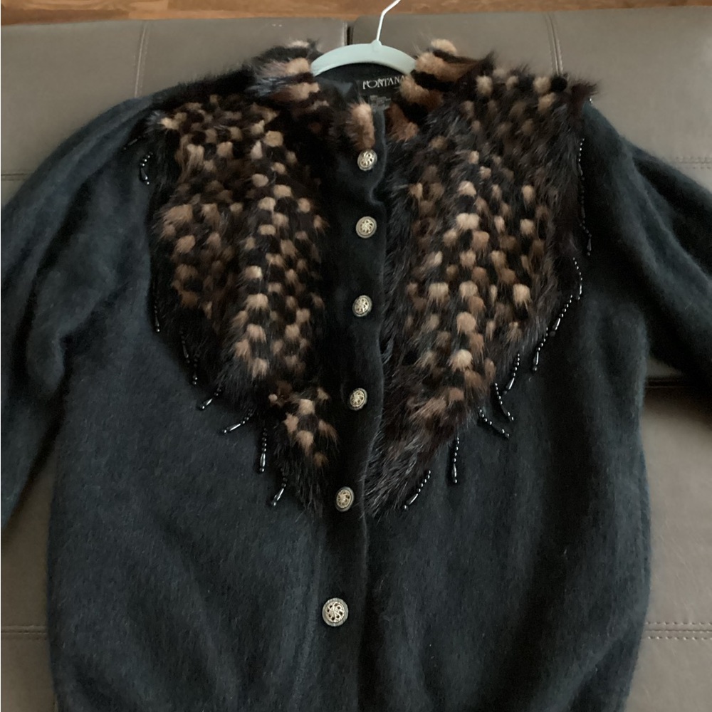 Black Cardigan with Brown Fur Angora and mink